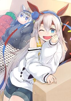 1girl ahoge animal_ears bare_shoulders blue_eyes blue_hairband blue_shorts blush carrot_print character_doll commentary_request couch doll ear_covers fang food_print grey_hair grey_tail hair_between_eyes hairband headband highres horse_ears horse_girl horse_tail judo_fuu long_hair long_sleeves looking_at_viewer multicolored_hairband off-shoulder_shirt off_shoulder oguri_cap_(gray_monster)_(umamusume) oguri_cap_(umamusume) one_eye_closed open_mouth red_headband shirt shorts smile solo striped_clothes striped_hairband stuffed_carrot stuffed_donut tail tamamo_cross_(casual)_(umamusume) tamamo_cross_(umamusume) tank_top two-tone_hairband umamusume umamusume:_cinderella_gray very_long_hair white_shirt yellow_tank_top
