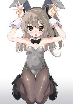 1girl animal_ear_hairband animal_ears black_bow black_bowtie black_shoes blaze_(blazeillust) bow bowtie breasts brown_eyes brown_hair commentary_request detached_collar fake_animal_ears girls_und_panzer grey_leotard hair_ribbon hairband high_heels highres kneeling leotard long_hair looking_at_viewer one_side_up pantyhose playboy_bunny rabbit_ears rabbit_pose ribbon shimada_arisu shoes small_breasts solo strapless strapless_leotard thigh_gap wrist_cuffs