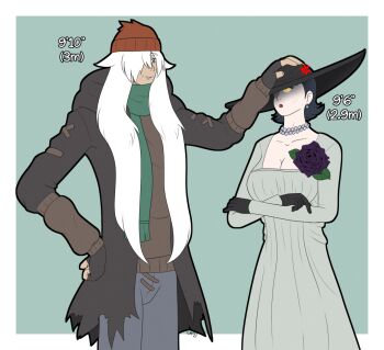 1boy 1girl alcina_dimitrescu anger_vein az_(pokemon) black_hair border breasts cleavage commentary crossover dress english_commentary flower gloves green_background hair_over_one_eye hat height_difference jacket jewelry latiro long_hair long_sleeves necklace nintendo orange_hat original pants pearl_necklace pokemon pokemon_xy purple_flower purple_rose resident_evil resident_evil_(movie) resident_evil_village rose scarf short_hair signature simple_background standing white_border white_hair yellow_eyes