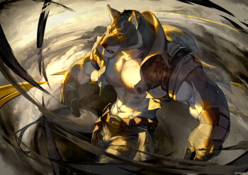 1boy abs absurdres animal_ears bara bare_pectorals brown_pants bulge camouflage camouflage_pants commentary cropped_jacket feet_out_of_frame fighting_stance furry furry_male gloves highres jacket large_pectorals looking_at_viewer male_focus muscular muscular_male navel open_clothes open_jacket original pants pectoral_cleavage pectorals solo stomach tail wincalblanke wolf_boy wolf_ears wolf_tail