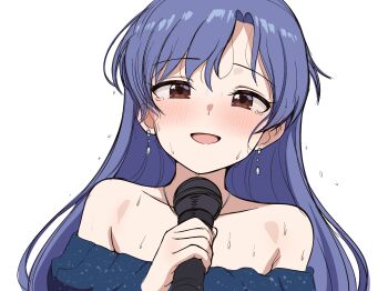 1girl bare_shoulders blue_hair blush brown_eyes commentary_request earrings highres holding holding_microphone idolmaster idolmaster_(classic) jewelry kisaragi_chihaya kisaragi_chihaya_(oathone) long_hair looking_at_viewer microphone milliani official_alternate_costume open_mouth portrait simple_background smile solo sweat variant_set white_background