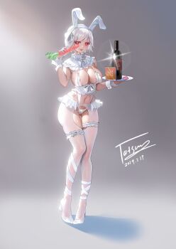 1girl animal_ears artist_name bottle breasts carrot chinese_commentary clothing_cutout commentary_request condom condom_wrapper crotchless crotchless_pantyhose d.tatsuo dated fake_animal_ears frilled_thigh_strap frilled_wrist_cuffs frills full_body gloves grey_background high_heels highres holding holding_carrot holding_tray large_breasts navel_cutout original pantyhose rabbit_ears red_eyes shoes simple_background solo thigh_strap tray white_gloves white_hair white_shoes wine_bottle wrist_cuffs