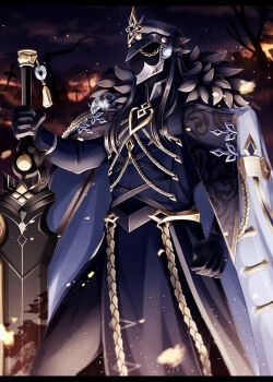 1boy absurdres bare_tree black_cape black_coat black_fur black_helmet black_pants blood bloody_weapon cape capitano_(genshin_impact) coat commentary_request feet_out_of_frame fur-trimmed_cape fur_trim genshin_impact helmet highres holding holding_sword holding_weapon lapels long_sleeves male_focus outdoors pants sleeve_cuffs solo standing sword tree two-sided_cape two-sided_fabric uouzzz weapon white_cape