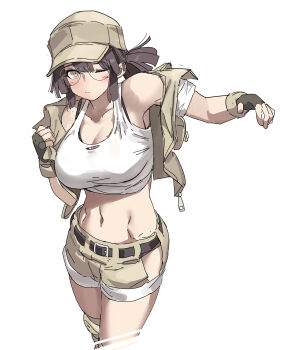 1girl baseball_cap belt breasts brown_eyes brown_hair brown_hat brown_shorts brown_vest cleavage clothing_cutout crop_top field_cap fingerless_gloves fio_germi glasses gloves hat highres hip_vent huanxiang_huifeng knee_pads large_breasts metal_slug midriff open_clothes open_vest ponytail putting_on_jacket round_eyewear short_shorts shorts solo tank_top utility_vest vest white_tank_top