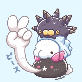 animal_focus artist_name blue_background commentary_request gen_7_pokemon gen_8_pokemon kirara_(kirara-cecilvenes) nintendo no_humans pincurchin pink_eyes pokemon pokemon_(creature) pyukumuku simple_background snom spikes stack translation_request v