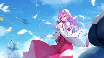2girls animal bird blue_sky breasts cleavage cloud commentary_request day dragon flower hair_between_eyes hakama hakama_skirt half-closed_eyes holding holding_flower horns japanese_clothes kimono large_breasts long_sleeves multiple_girls oni outdoors pink_hair pink_hakama purple_flower ranga_(tensura) red_eyes rimuru_tempest_(slime) senji_(tegone_spike) shion_(tensura) shuna_(tensura) skirt sky solo_focus tensei_shitara_slime_datta_ken white_kimono wide_sleeves