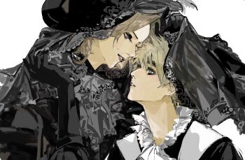 Rule 34 | 2boys, absurdres, ascot, axis powers hetalia, black hat, black veil, blonde hair, crossdressing, crossdressing (mtf), france (hetalia), gloves, green eyes, hat, highres, jingyuhe711, makeup, male focus, medium hair, multiple boys, purple eyes, shirt, short hair, simple background, thick eyebrows, united kingdom (hetalia), veil, white background, yaoi