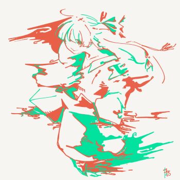 Rule 34 | 1girl, 3ma can omochi, abstract, closed mouth, commentary request, fujiwara no mokou, full body, grey background, hair over one eye, highres, limited palette, long hair, looking at viewer, one eye covered, sideways glance, simple background, smile, solo, touhou