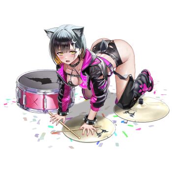 1girl :3 all_fours animal_ear_fluff animal_ear_hood animal_ears ass bad_link baggy_pants belt black_belt black_bra black_collar black_hair black_jacket black_pants black_shoes black_shorts blonde_hair blunt_bangs blush bra bracelet breasts chest_belt cleavage collar collarbone colored_inner_hair confetti crescent crescent_hair_ornament cropped_jacket cymbals detached_pants dog_ears dog_girl dog_tail drum drumsticks earrings english_text fake_animal_ears fangs full_body hair_ornament highres holding holding_drumsticks hood hooded_jacket instrument jacket jewelry last_origin looking_at_viewer lower_teeth_only median_furrow medium_breasts multicolored_hair multicolored_jacket multicolored_shoes nail_polish non-web_source official_alternate_costume official_art open_clothes open_jacket open_mouth pants paw_print pink_belt pink_bra pink_jacket pink_nails pink_shoes shoes short_hair short_shorts short_tail shorts simple_background slit_pupils snare_drum sneakers solo spiked_bracelet spikes string_bra stud_earrings studded_collar sweat tachi-e taesi tail teeth thick_eyebrows tongue torn_clothes torn_jacket torn_shorts transparent_background two-tone_bra two-tone_hair two-tone_jacket two-tone_shoes underwear vargr_(last_origin) yellow_eyes