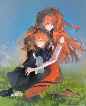 Rule 34 | 2girls, age comparison, bandaged arm, bandages, bare shoulders, black dress, black shoes, blue sky, bodysuit, bow, closed eyes, closed mouth, cloud, comforting, commentary, dress, dual persona, eliza 804, facing another, facing down, grass, hair between eyes, hair ornament, hair over shoulder, hair ribbon, hand on another's back, hand on another's chest, hand on another's head, head on chest, highres, hug, interface headset (evangelion), juliet sleeves, long hair, long sleeves, mary janes, mecha pilot suit, medium hair, multiple girls, neon genesis evangelion, orange hair, parted bangs, plugsuit (evangelion), puffy sleeves, red bodysuit, red ribbon, ribbon, seiza, shoes, short dress, sidelocks, single bare shoulder, single sleeve, single wrist cuff, sitting, sky, souryuu asuka langley, striped bodysuit, time paradox, two side up, untranslatable commentary, wariza, white bow, white ribbon, white wrist cuffs, wrist cuffs