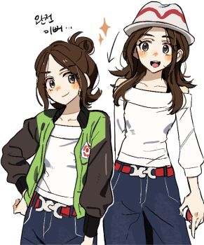 1girl arrow_(symbol) belt blush breasts brown_eyes brown_hair closed_mouth collarbone green_jacket hair_bun harmony_(pokemon) hat highres holding holding_poke_ball jacket long_hair long_sleeves mari312_1 nintendo off-shoulder_shirt off_shoulder open_clothes open_jacket open_mouth pants poke_ball poke_ball_(basic) pokemon pokemon_legends:_z-a shirt smile striped_hat teeth upper_teeth_only white_hat white_shirt