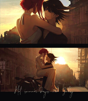 1boy 1girl absurdres arm_around_neck black_hair black_jacket blonde_hair blue_eyes carrying choker closed_mouth couple dress eye_contact facial_mark fudo_yusei hair_intakes hetero high_heels highres izayoi_aki jacket long_dress long_hair long_sleeves looking_at_another multicolored_hair naoki_(2rzmcaizerails6) outdoors parted_lips princess_carry profile pumps red_hair ribbon ribbon_choker short_hair_with_long_locks side_slit smile spiked_hair split_screen strapless strapless_dress streaked_hair two-tone_hair white_dress white_ribbon yu-gi-oh! yu-gi-oh!_5d's