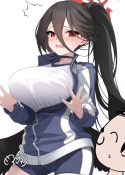 1boy 1girl ^_^ black_choker black_hair black_wings blue_archive blue_jacket blush breasts choker closed_eyes commentary_request doodle_sensei_(blue_archive) hair_between_eyes halo hasumi_(blue_archive) hasumi_(track)_(blue_archive) jacket large_breasts long_hair long_sleeves low_wings mofu_namako mole mole_under_eye open_mouth partially_unzipped ponytail red_eyes sensei_(blue_archive) shirt short_shorts shorts simple_background smile solo_focus sweat tears track_jacket very_long_hair wavy_mouth white_background white_shirt wings