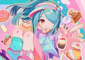 ! 1boy ? alternate_costume buttons caramel cherry chocolate chocolate_chip_cookie commentary cookie cupcake donut ebi_(shrimp_eleven) floating_hair food food_on_face fruit grin hair_over_one_eye hat heart inazuma_eleven inazuma_eleven_(series) kazemaru_ichirouta lace_collar looking_to_the_side male_focus multicolored_shirt one_eye_covered outstretched_arm pancake parted_hair pastel_colors pie pie_slice pink_hat ponytail pudding red_eyes short_sleeves smile solo speech_bubble spoken_question_mark sprinkles star_(symbol) strawberry symbol-only_commentary teeth trap visor_cap whipped_cream