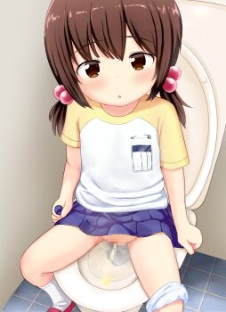 1girl absurdres blue_skirt blush brown_eyes brown_hair censored female_focus hair_bobbles hair_ornament highres loli looking_at_viewer mosaic_censoring name_tag nekomimimix on_toilet original panties_around_leg peeing pussy shirt shoes short_hair short_twintails sitting skirt socks steam tile_floor tiles toilet toilet_use twintails