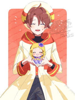 1boy 1girl :d ^_^ black_pants black_shirt blonde_hair blush border brown_hair chibi closed_eyes coat cure_friendy dated facing_viewer hair_between_eyes hat highres holding holding_mini_person hood hood_down hooded_coat inukai_iroha long_hair long_sleeves magical_boy magical_girl mini_person minigirl open_mouth outside_border pants parted_bangs precure red_background serizawa_serizane shirt short_hair smile sweatdrop toyama_satoru toyama_satoru_(magical_boy) turtleneck turtleneck_shirt twitter_username upper_body watermark white_border white_coat white_hat wonderful_precure!