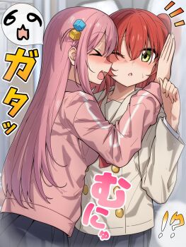 !? &gt;_&lt; 2girls blush bocchi_the_rock! cube_hair_ornament embarrassed gotoh_hitori grey_skirt hair_ornament hand_on_wall highres jacket kabedon kita_ikuyo long_hair multiple_girls on_wall one_eye_closed open_mouth pink_hair pink_track_suit red_hair ryuhirohumi school_uniform shuka_high_school_uniform side_ahoge side_ponytail skirt sweat track_jacket track_suit translation_request yellow_eyes yuri