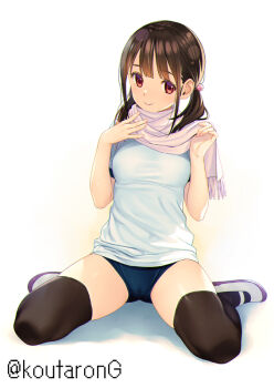 1girl black_socks black_thighhighs blue_buruma breasts brown_eyes brown_hair buruma gym_uniform hair_bobbles hair_ornament koutaro long_hair looking_at_viewer low_twintails medium_breasts original pink_scarf scarf shirt shoes short_sleeves sitting smile socks thighhighs twintails uwabaki white_background white_footwear white_shirt