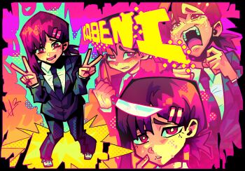 Rule 34 | 1girl, alpharecdyt, black hair, black pants, blazer, breasts, chainsaw man, character name, close-up, collared shirt, commentary, commission, cowboy shot, crying, crying with eyes open, double v, english commentary, full body, grey shoes, hair ornament, hairclip, higashiyama kobeni, highres, holding, holding knife, holding weapon, jacket, knife, looking at viewer, mole, mole on cheek, mole under eye, multiple moles, multiple views, nervous smile, nervous sweating, open mouth, pants, polka dot, ponytail, red eyes, shirt, shoes, short hair, short ponytail, small breasts, smile, solo, standing, sweat, sweatdrop, tearing up, tears, teeth, upper teeth only, v, weapon, white shirt