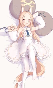 1girl absurdres animal_ear_fluff animal_ears arm_up armpits black_necktie blonde_hair blue_archive bow closed_mouth commentary_request detached_sleeves dress forehead fox_ears fox_girl fox_tail full_body gold_trim hair_bow halo high_heels highres long_hair long_sleeves looking_at_viewer lying necktie on_back open_mouth pink_eyes seia_(blue_archive) shirayui_(shirakawaui) simple_background sleeves_past_wrists smile solo striped_clothes striped_thighhighs tail thighhighs vertical-striped_clothes vertical-striped_thighhighs very_long_hair white_background white_bow white_dress yellow_halo yellow_trim