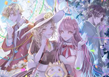 2boys 2girls :3 absurdres ahoge apron back_bow bare_arms blazer blonde_hair bloom_poetry_(shining_nikki) blue_sky blunt_ends bow bowtie braid breast_pocket brown_dress brown_hair bug butterfly butterfly_on_hand cloak closed_mouth clothes_writing cloud collared_jacket collared_shirt commentary_request confetti cowboy_shot crack cracked_glass cross-laced_clothes cross-laced_dress denim denim_shorts dress dress_ribbon ear_covers eyelashes field fingernails flower flower_field grey_eyes grey_hanfu hair_over_shoulder hand_on_own_cheek hand_on_own_face happy hat hat_flower highres hood hood_up hooded_cloak insect jacket joy_(shining_nikki) lapels layered_sleeves light_blush lipstick loen_(shining_nikki) long_hair long_sleeves loose_hair_strand makeup marking_on_cheek military_uniform mirror momo_(nikki) mouth_hold multiple_boys multiple_girls necktie night night_sky nikki_(nikki) nikki_(series) notched_lapels open_clothes open_jacket outdoors petals pinafore_dress pink_dress pink_hair pink_lips pocket pointing pointing_up puffy_short_sleeves puffy_sleeves purple_flower qin_yi_(shining_nikki) red_bow red_bowtie red_jacket red_necktie red_ribbon ribbon rose sasame_20 scarf see-through_clothes see-through_sleeves shining_nikki shirt short_sleeves shorts single_braid sky sleeveless sleeveless_dress smile split_theme standing star_(sky) starry_sky string string_around_finger string_of_fate striped_clothes striped_dress striped_shirt sun_hat vertical-striped_clothes vertical-striped_dress vertical-striped_shirt very_long_hair waist_apron wavy_hair whiskers white_apron white_bow white_butterfly white_flower white_hat white_shirt yellow_cloak yellow_eyes yellow_flower yellow_rose yellow_scarf