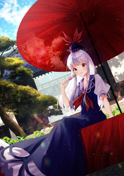 1girl absurdres blue_hat blush cloud commentary dango day dress food gate hand_rest hat hat_ornament highres holding holding_food kamishirasawa_keine leaf light_rays long_hair looking_at_viewer neckerchief nettian51 open_mouth orange_eyes outdoors parasol print_umbrella red_neckerchief ribbon sanshoku_dango shirt short_sleeves sitting sleeveless sleeveless_dress solo touhou tree umbrella wagashi white_hair white_ribbon white_shirt