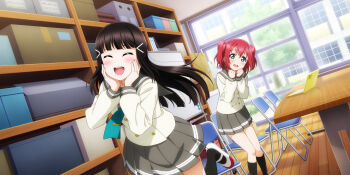 ^_^ anime_coloring aqua_neckerchief black_hair blunt_bangs blush box breasts buttons cardboard_box chair clenched_hands closed_eyes clubroom computer day desk double-breasted dutch_angle embarrassed folding_chair grass green_eyes grey_sailor_collar grey_skirt hair_between_eyes hair_ornament hairclip hands_on_own_cheeks hands_on_own_face hands_up highres indoors kurosawa_dia kurosawa_ruby laptop leg_up long_hair long_sleeves looking_at_another love_live! love_live!_school_idol_festival_all_stars love_live!_sunshine!! marker medium_breasts medium_hair miniskirt mole mole_under_mouth multiple_girls neckerchief official_art open_mouth pleated_skirt red_hair sailor_collar school school_uniform serafuku shelf shoes siblings sisters skirt small_breasts smile standing sweat sweatdrop teeth tie_clip tree two_side_up upper_teeth_only uranohoshi_school_uniform uwabaki wavy_mouth whiteboard window winter_uniform wooden_floor