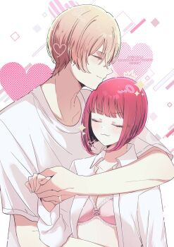 1boy 1girl :3 arima_kana blonde_hair bob_cut bra breasts closed_eyes closed_mouth hair_between_eyes heart highres hoshino_aquamarine medium_hair open_clothes open_shirt oshi_no_ko pink_bra red_hair risdelusions shirt short_hair simple_background underwear white_shirt