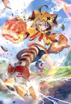 1girl absurdres ahoge black_shorts brown_hair clawed_boots clenched_hands commentary english_commentary flaming_hand gauntlets gigi_murin gigi_murin_(1st_costume) grin highres hololive hololive_english hood hoodie orange_hoodie pepamaro pink_eyes shirt shorts single_thighhigh smile sparks tail thighhighs twintails virtual_youtuber white_shirt zipper