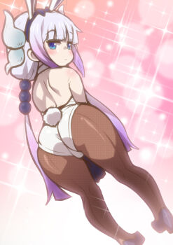 1girl animal_ears ass beads black_footwear blue_eyes blunt_bangs blush dragon_girl dragon_horns fake_animal_ears fake_tail from_behind gradient_hair hair_beads hair_ornament high_heels highres horns jcm2 kanna_kamui kobayashi-san_chi_no_maidragon leotard multicolored_hair pantyhose pink_hair playboy_bunny purple_hair rabbit_ears rabbit_tail sidelocks sketch solo sphere_hair_ornament strapless strapless_leotard tail white_leotard