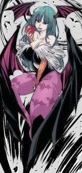 Rule 34 | 1girl, absurdres, animal print, apple, bare shoulders, bat print, bat wings, blunt bangs, breasts, bridal gauntlets, cleavage, clothing cutout, commentary request, darkstalkers, demon girl, fangs, fangs out, feather trim, food, fruit, green eyes, green hair, head wings, highleg, highleg leotard, highres, holding, holding food, holding fruit, kinakomochi (user vedc2333), large breasts, leotard, long hair, looking at viewer, morrigan aensland, pantyhose, print pantyhose, purple pantyhose, sidelocks, smile, solo, stomach cutout, wings