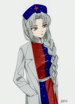 1girl artist_name blue_dress blue_hat braid breasts coat commentary constellation_print cross dress grey_background grey_eyes grey_hair hand_in_pocket hat highres long_hair multicolored_dress nurse_cap open_clothes open_coat print_dress red_cross red_dress simple_background single_braid small_breasts solo touhou two-tone_dress uehara_suiyo very_long_hair white_coat yagokoro_eirin