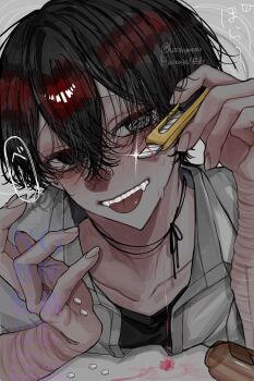 Rule 34 | 1boy, :p, @ @, black eyes, black hair, black shirt, blood, blood drip, double-parted bangs, drugs, hair between eyes, highres, holding, holding razor, hosikage4040, looking at viewer, male focus, neck ribbon, original, pill, pill bottle, razor, ribbon, scar, scar on arm, self-harm, shirt, short hair, solo, sparkle, tongue, tongue out, undershirt, white shirt, wrist cutting