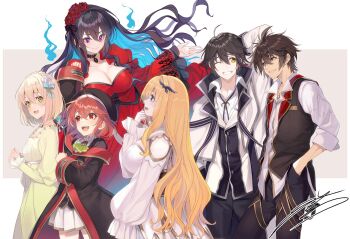 2boys 4girls alec_ygret arm_up arnold_lakes_adler ascot black_hat black_pants blonde_hair blue_bow blue_eyes blue_hair bow breasts brown_hair character_request cleavage closed_mouth coat collared_shirt colored_inner_hair commentary_request constance_grail crossover dress eris_no_seihai floating flower frilled_sleeves frills ghost green_ascot green_dress green_eyes grin hair_bow hair_flower hair_ornament hand_in_pocket hat highres large_breasts long_hair long_sleeves mikata_ga_yowasugite_hojo_mahou_ni_tesshiteita_kyuutei_mahoushi_tsuihou_sarete_saikyou_wo_mezashimasu multicolored_hair multiple_boys multiple_girls one_eye_closed pants purple_eyes red_dress red_eyes red_flower red_hair red_rose rose saikyou_degarashi_ouji_no_anyaku_teii_arasoi:_munou_wo_enjiru_ss_rank_ouji_wa_koui_keishousen_wo_kage_kara_shihai_suru scarlet_castiel shirt signature skirt smile very_long_hair white_coat white_dress white_flower white_rose white_shirt white_skirt wide_sleeves yellow_eyes yorha_eisenz yuunagi_(seventh_heaven)