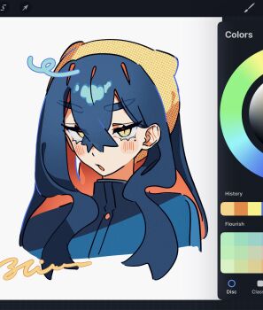 1girl :o art_program_in_frame black_hair blue_jacket blush carmine_(pokemon) cropped_torso crossed_bangs garatechi hair_between_eyes hairband highres jacket long_hair looking_at_viewer mole mole_under_eye multicolored_hair nintendo open_mouth pokemon pokemon_sv red_hair screencap solo two-tone_hair upper_body yellow_eyes yellow_hairband