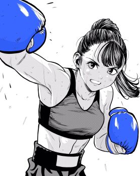 1girl abs blue_gloves boxing boxing_gloves boxing_shorts collarbone commentary_request flying_sweatdrops gloves greyscale highres lee_(dragon_garou) linea_alba midriff monochrome mouth_guard original ponytail punching shorts solo sports_bra spot_color sweat toned toned_female upper_body