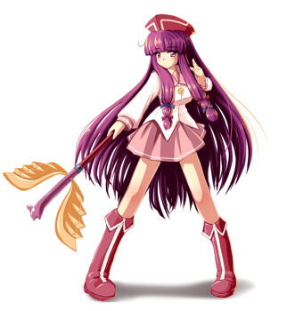 1girl alternate_costume behoimi boots cosplay female_focus full_body hat hexagram knee_boots long_hair pani_poni_dash! parody patchouli_knowledge pentacle pink_boots purple_hair solo standing tdk touhou wand white_background
