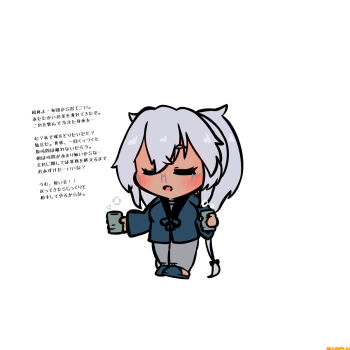 1girl alternate_costume chibi chibi_only closed_eyes commentary_request cup dark-skinned_female dark_skin glasses grey_pants highres japanese_clothes jinbei_(clothes) kantai_collection musashi_(kancolle) pants radical_bullet simple_background slippers solo translation_request twintails white_background yunomi