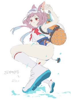 absurdres animal_ears blush highres mmmkawaine pink_hair red_eyes sailor shoes simple_background socks stella_sora swimsuit water white_background