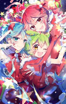 3girls ;d ahoge aqua_eyes aqua_hair blush box closed_mouth drill_hair gift gift_box green_hair hatsune_miku highres kasane_teto looking_at_viewer multiple_girls oda_kogane one_eye_closed open_mouth pom_pom_(clothes) red_eyes red_hair smile star_(symbol) twin_drills utau v vocaloid voiceroid voicevox yellow_eyes zundamon