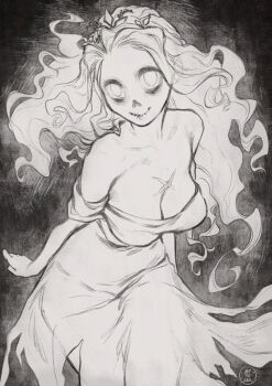 Rule 34 | 1girl, bare shoulders, breasts, cross scar, dress, ghost girl, highres, large breasts, looking at viewer, monochrome, nat the lich, no pupils, princess (slay the princess), scar, scar on chest, skeletal face, slay the princess, solo, strapless, strapless dress, the spectre (slay the princess), tiara, torn clothes, torn dress, wavy hair