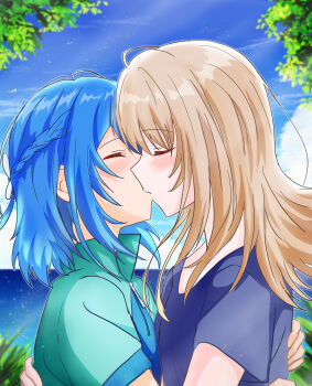 Rule 34 | 2girls, absurdres, blue hair, blue shirt, blue sky, blush, brown hair, closed eyes, cloud, commentary request, day, green shirt, highres, kiss, long hair, medium hair, misakino kukuru, miyazawa fuuka, multiple girls, ocean, outdoors, shiroi suna no aquatope, shirt, sky, tree, upalupatarara, yuri