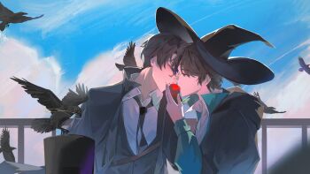 2boys absurdres amon_(lord_of_the_mysteries) bird black_bird black_coat black_hair black_hat black_jacket black_necktie black_vest blue_coat blue_sky chain cloud coat collared_shirt crow day dyqml food fruit hat heads_together highres holding holding_food holding_fruit jacket klein_moretti long_sleeves lord_of_the_mysteries male_focus monocle multiple_boys necktie outdoors popped_collar shirt short_hair sky top_hat vest white_shirt witch_hat yaoi