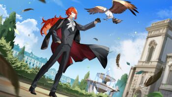 Rule 34 | 1boy, antenna hair, arm up, bird, black coat, black gloves, black jacket, black pants, black shoes, blue sky, building, bush, buttons, closed mouth, cloud, coat, coat on shoulders, collared shirt, commentary request, crossed bangs, day, diluc (genshin impact), double-breasted, falling feathers, falling leaves, feathers, fountain, genshin impact, gloves, hair between eyes, hair intakes, half gloves, hand in pocket, hawk, highres, hoyofair, jacket, lamppost, lapels, leaf, long hair, long sleeves, looking up, low ponytail, male focus, neckerchief, official art, outdoors, outstretched arm, pants, plus q, ponytail, red eyes, red hair, shirt, shoes, sidelocks, sky, solo, standing, tree, two-sided coat, two-sided fabric, white neckerchief, white shirt, wing collar