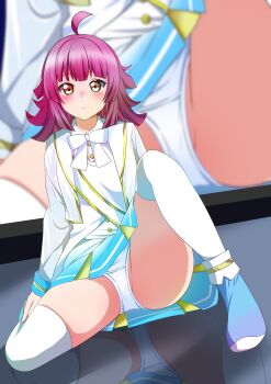 1girl absurdres ahoge arm_support blue_footwear blue_skirt blunt_bangs blunt_ends blurry blurry_background blush bow bowtie buttons close-up commentary_request expressionless gradient_clothes gradient_skirt highres idol jacket kisaragi_setsu_(mssk8485) legs long_sleeves looking_at_viewer love_live! love_live!_nijigasaki_high_school_idol_club nose_blush on_floor panties pantyshot partial_commentary partially_visible_vulva pink_hair reflective_floor screen shirt short_hair sidelocks skirt solo spread_legs stage tennoji_rina thighhighs thighs underwear white_bow white_bowtie white_jacket white_panties white_shirt white_thighhighs yellow_eyes