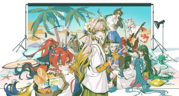 3boys 4girls :d ^_^ absurdres alcohol amplifier aqua_hair arknights arm_tattoo backdrop bag bag_of_chips black_hair blonde_hair blue_eyes blue_hair blue_hands blue_horns blue_pants bottle braid braided_ponytail bread brown_hair brown_horns brown_shirt brown_shorts cable chinese_commentary chongyue_(arknights) closed_eyes coconut_cup colored_extremities commentary_request dragon_boy dragon_girl dragon_horns dragon_tail drawstring drinking_straw dusk_(arknights) earrings eastern_dragon_horns eastern_dragon_tail electric_guitar expressionless eyelashes eyeshadow fan_mu_zhang flower food gold_earrings gradient_hair green_eyes green_hair green_hands green_horns grey_hair guitar hair_between_eyes hair_bun hair_flower hair_intakes hair_ornament hair_over_one_eye hair_stick half_updo high_ponytail highres holding holding_bag holding_bottle holding_guitar holding_instrument holding_microphone holding_paper holding_stylus holding_tablet_pc horns instrument jewelry ji_(arknights) knee_up ling_(arknights) lollipop_in_mouth long_hair long_sleeves looking_to_the_side low_ponytail lying makeup microphone mouth_hold multicolored_eyes multicolored_hair multicolored_horns multiple_boys multiple_girls music nian_(arknights) on_side open_mouth pants paper paper_bag pillow pink_hair playing_guitar playing_instrument pointy_ears ponytail red_eyes red_eyeshadow red_hair red_hands red_horns red_pants shirt short_shorts short_sleeves shorts shu_(arknights) side_braids sidelocks singing single_hair_bun smile star_(symbol) star_print steamed_bun streaked_hair studio studio_lights stylus t-shirt tablet_pc tail tattoo teeth two-tone_eyes upper_teeth_only very_long_hair wang_(arknights) white_flower white_hair white_pants white_shirt yellow_hands yi_(arknights) yu_(arknights)