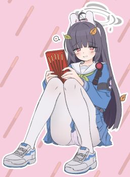 1girl ahoge animal_ears armband belt_bag black_hair blue_archive blue_serafuku blue_skirt blush bolt_action embarrassed emblem fake_animal_ears food full_body geneakarin green_neckerchief grey_halo gun halo headband heart highres hime_cut holding holding_food knee_pads leaf leaf_on_head long_hair long_sleeves looking_at_viewer miyu_(blue_archive) mosin-nagant neckerchief panties pantyhose pink_background pink_panties pocky rabbit_ears red_eyes rifle school_uniform serafuku shoes sitting skirt solo underwear weapon white_pantyhose