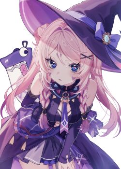 1girl bare_shoulders blue_eyes blush bow braid breasts citlali_(genshin_impact) cryo_symbol_(genshin_impact) elbow_gloves fingerless_gloves genshin_impact gloves hand_on_own_hip hat hat_bow highres itzpapa_(genshin_impact) leaning_forward long_hair looking_at_viewer medium_breasts multicolored_hair parted_lips pink_hair pink_pupils purple_bow purple_gloves purple_hair purple_hat purple_skirt simple_background skirt solo twin_braids very_long_hair vision_(genshin_impact) white_background witch_hat woolly_(ll_0o0)