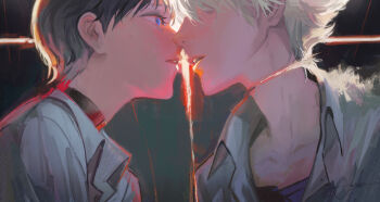 2boys absurdres black_hair blue_eyes collared_shirt commentary decapitation dss_choker english_commentary eye_contact highres ikari_shinji imminent_kiss jie_deng looking_at_another male_focus multiple_boys nagisa_kaworu neon_genesis_evangelion open_mouth purple_shirt rebuild_of_evangelion shirt short_hair teeth white_hair white_shirt yaoi