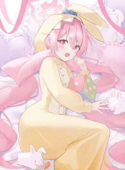 1girl absurdres blue_archive breasts dice halo highres koyuki_(blue_archive) lying on_bed pajamas pillow pink_eyes pink_hair pink_halo small_breasts solo yagen_(user_mxur3238)